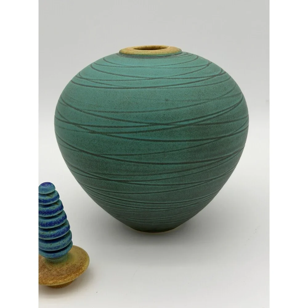 vintage Marali Blalu studio art pottery turquoise W/stopper Urn Genie Vase